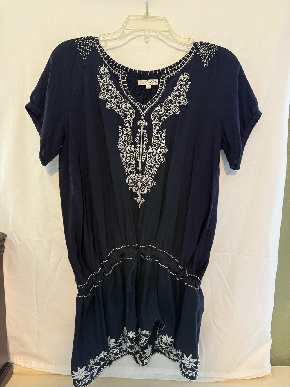 Cecico Navy Short-Sleeve Embroidered Tunic with White Detail